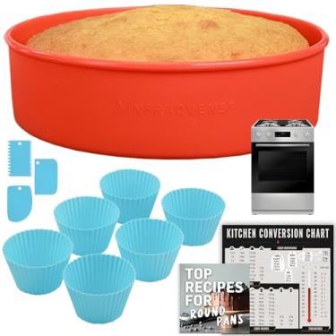 Imagem de INFRAOVENS Forma de bolo redonda de silicone e forros de cupcake – Formas antiaderentes para assar com tabela de conversão de cozinha e livreto de receitas, sem BPA, 24 cm