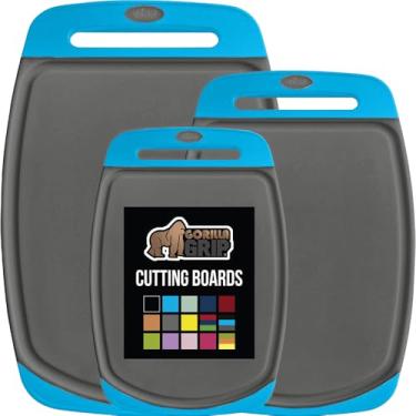 Imagem de GORILLA GRIP Tábua de corte grande, conjunto de 3 peças, para cozinha, livre de BPA, alça de fácil aderência, lavável na lava-louças, não porosa, as tábuas são extra grandes e grossas, ranhuras de suco, Gray/Aqua, 3-Piece, 1