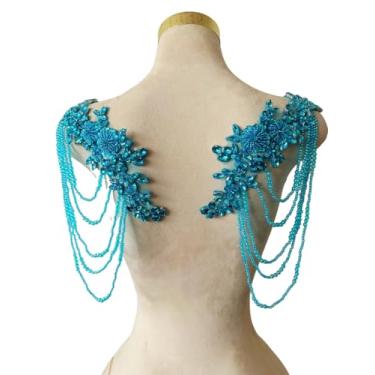 Imagem de 1 par de enfeites de strass com contas para roupas, dragonas, remendos de ombro, aplique de borlas de lantejoulas de diamante costurado para vestido de casamento, acessórios DIY 9,8 x 10,5 cm (azul