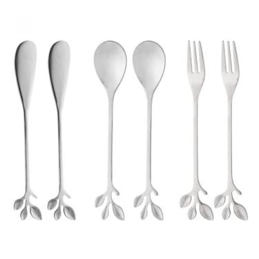 Imagem de Kit 6 Talheres Garfo Colher Espátula Aço Inox Leaves Wolff, Prateado