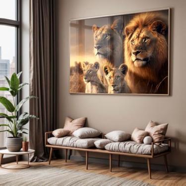 Imagem de Quadro com Moldura e Acrilico Cristal Vidro Sala Quarto Família de Leão Leões Filhote Decorativo Horizontal Grande Hall