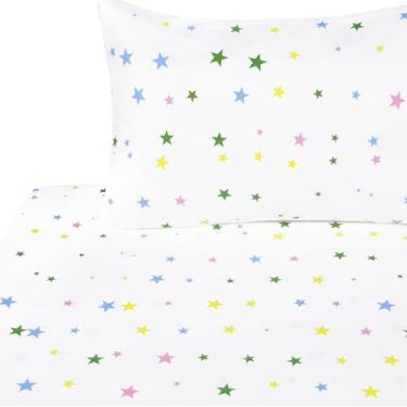 Imagem de J-pinno Jogo de lençol solteiro com estrelas cintilantes, luz no céu, decoração de quarto, 100% algodão, lençol de cima + lençol com elástico + fronha (estrelas, solteiro)