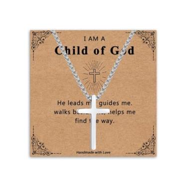 Imagem de Colar de cruz para meninos e crianças, prata minimalista, aço inoxidável, pingente de cruz com cartão de versículo da Bíblia, presentes religiosos de aniversário de batismo de Natal cristão para filho