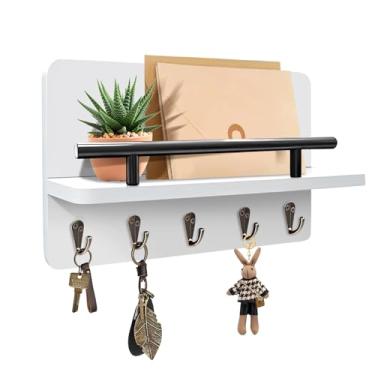 Imagem de KISENG Suporte de parede, porta-chaves decorativo com prateleira e 5 ganchos resistentes, ganchos de chave rústicos para parede para organizador de correio, coleira de cachorro pendurada, óculos