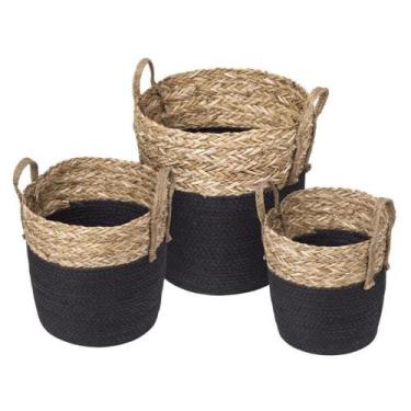 Imagem de Conjunto 03 Cestos Patong Fibra Natural e Preto - Or Design