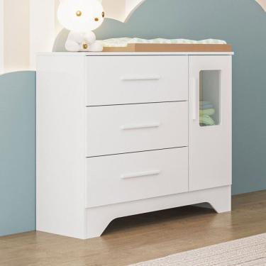 Imagem de Cômoda Infantil Popy 1 Porta 3 Gavetas 100% Mdf Branco Brilho - Móveis Peroba