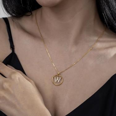 Imagem de Colar de strass com inicial A-Z - Joias delicadas com pingente circular com corrente ajustável, colar de alfabeto personalizado para mulheres,, F, Aço inoxidável, Sem Pedra Preciosa