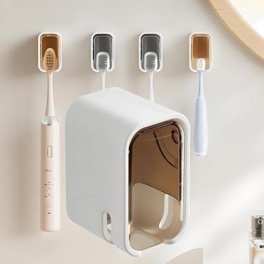 Imagem de Suporte de escova de dentes autoadesivo para banheiro - Suporte de escova de dentes elétrico montado na parede com tampa para chuveiro, compartimento único à prova de poeira dispensador de escova de
