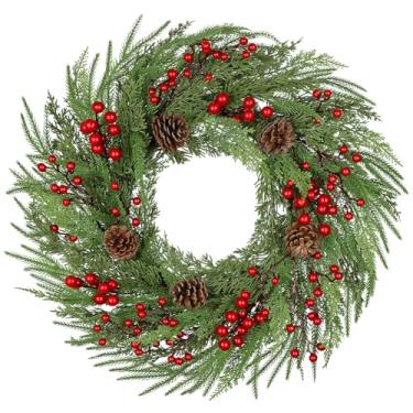 Imagem de Guirlanda de pinheiro Norfolk de 58 cm, guirlanda de Natal para porta da frente, guirlandas de Natal com frutas vermelhas e pinhas, folhas de cedro, guirlandas artísticas para decoração de Natal