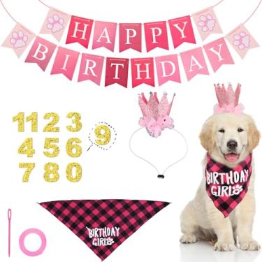 Imagem de Conjunto de decorações de festa de aniversário de cachorro rosa, kit de decoração de cachorro, chapéu, bandana, banner, cachecol, placa, suprimentos de festa para cachorros, animais de estimação, cães
