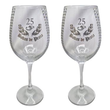 Imagem de Kit 2 Taças Vidro Bodas De Prata 25 Anos Luxo + Presente