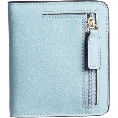 Imagem de Carteira pequena para mulheres, porta-cartão de crédito dobrável compacto, fina com bloqueio de RFID, carteira preta, carteira de couro fino com zíper para presente para mulheres, Azul, Bonito