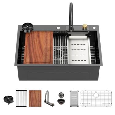 Imagem de Pia de cozinha em cascata preta de 83 cm - pia de cachoeira Beslend 83 x 55 cm, pias inteligentes para estação de trabalho nano preta, aço inoxidável, calibre 16, bacia de prato única com combinação