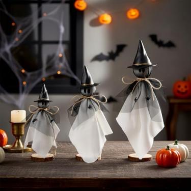 Imagem de AceOrbit Conjunto de 3 tamanhos de decoração de Halloween, fantasma primitivo, suporte de madeira, rústico, com chapéu de bruxa, tecido de aranha, prateleira, mesa, centros de mesa, bandeja em camadas