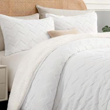 Imagem de BEDELITE Conjunto de edredom fofo de tamanho casal, branco sherpa supermacio, para cama de casal, conjunto de cama quente de luxo para o inverno, conjunto de cama felpuda 3 peças (1 edredom, 2 fronhas
