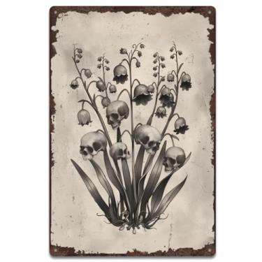 Imagem de SUPERDANT Lily of the Valley and Skull Metal Tin Sign Retro Halloween Plants Metal Poster Wall Art Placa Decoração Placas Retangulares para Sala de Estar, Bares, Restaurantes, Cafés, Pubs, Casa Arte