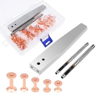 Imagem de LZVXTYM 50 conjuntos de rebites de cobre sortidos kit de rebites de couro, 5 tamanhos de rebite de couro com furadores e conjunto de arruelas para reparo e decoração, cintos, bolsas, carteiras