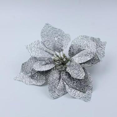 Imagem de Flores de Natal Artificiais com Glitter – 5/10/20 Peças Enfeites Decorativos para Árvore de Natal, Guirlanda e Decoração Festiva (10pcs*Prata-24cm)