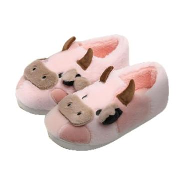 Imagem de Chinelos de vaca para mulheres e homens – Pantufa de pelúcia macia antiderrapante para casa de vacas fofas, sapatos felpudos quentes de inverno com espuma viscoelástica confortável, rosa, Rosa (salto