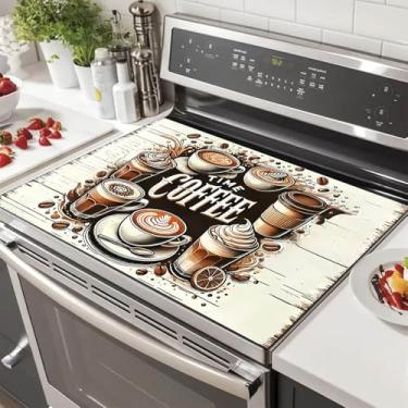 Imagem de HOMETITUTE Capa superior para fogão Coffee Time de 71 x 50 cm, protetor de fogão de vidro de diatomita, tema vintage, tapete de bancada, resistente ao calor, almofada para decoração de cozinha
