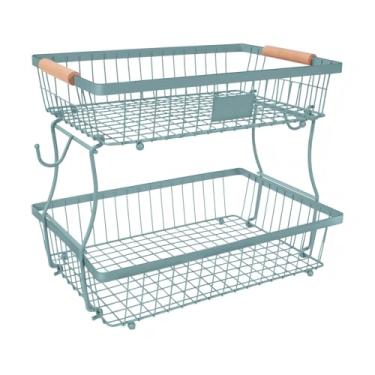 Imagem de Lawhood-Mijin Tigela de frutas removível de 2 camadas com 2 cabides de banana, suporte de frutas para bancada de cozinha, organizador de armazenamento de vegetais de arame de metal, para pão, lanches