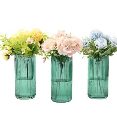 Imagem de YANWE1 Vasos de vidro verde, conjunto de 3 vasos de flores, vaso de vidro canelado para tulipas, vasos de vidro cilíndricos altos para sala de estar, quarto, mesa de jantar, escritório, casamento