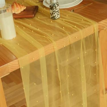 Imagem de Psasrm Conjunto de 1 corredor de mesa de pérola de 3 m, 73 x 300 cm, toalha de mesa amarela de tule pérola, caminho de mesa para festa de casamento, chá de bebê, aniversário, decoração de casa