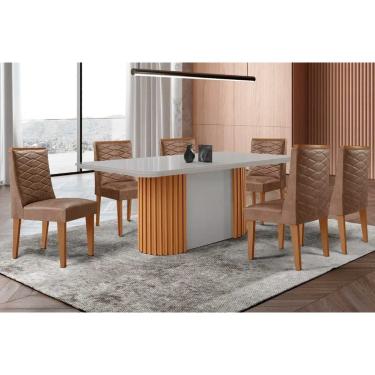 Imagem de Sala Jantar Mesa Pilar Curvo 180cm + 6 Cadeiras Dafne Madeira Naturale/Off White - Capuccino/Corano Capuccino - Rufato
