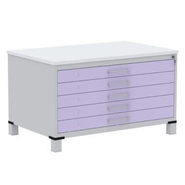 Imagem de Mapoteca 5 Gavetas Pandin 120 Cm (larg) Inmetro Tampo Mdp Branco Estrutura Aço Cinza Gavetas Lilás