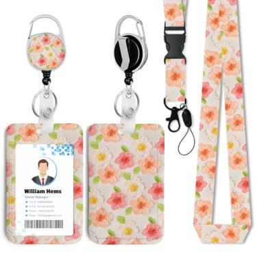 Imagem de Porta-crachá de identificação de flor com cordão breakaway e carretel retrátil resistente - chaveiro mosquetão giratório de 360° para mulheres, estudantes, professores, enfermeiros, uso no escritório