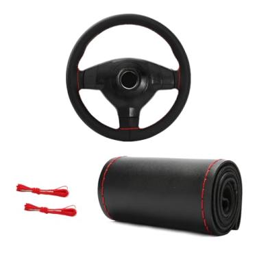 Imagem de MUQIDA Capa de volante de couro genuíno, capa de volante com costura respirável de 38 cm antiderrapante, protetor de costura DIY com linha de agulha (preto e vermelho, brilhante)