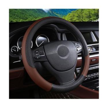 Imagem de FALVFUN Capa de volante de carro, couro elástico de 38 cm, protetor de volante de veículo, antiderrapante, respirável, acessórios de proteção interna automotiva, ajuste universal (preto/café)