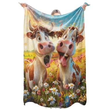 Imagem de zbezbe Manta engraçada de flanela de desenho animado de vacas patetas em campo de flores coloridas, cobertores leves e macios para festa, cadeira, cama, sofá, acampamento, viagem, decoração