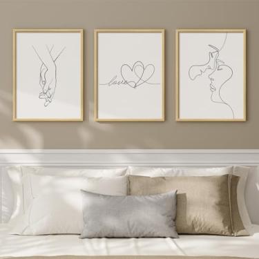 Imagem de Arte de parede de quarto de amor de linha minimalista emoldurada, arte de impressão de casal e coração de 3 peças para paredes, pintura moderna romântica simples em preto e branco para decoração de