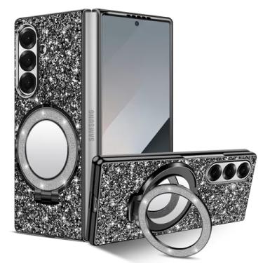 Imagem de Capa de silicone para Samsung Galaxy Z Fold 7 5G Capa de telefone Glitter Sparkle Bling Matte Back Cases com Mag-Safe, espelho de maquiagem, suporte à prova de choque capa protetora para Samsung Z