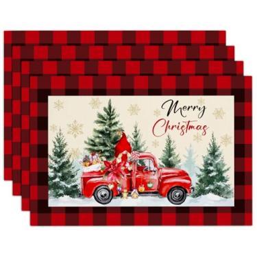Imagem de Conjunto de 4 jogos americanos Merry Christmas, 30 x 45 cm, resistentes ao calor, à prova d'água, tapetes de mesa de pano, laváveis para decoração ao ar livre, inverno, casa, festa, cozinha, jantar