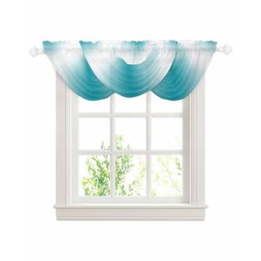 Imagem de Canguru branco turquesa ombré cachoeira swag para janelas, cortinas de saia transparente de cozinha gradiente azul-petróleo moderno, arte abstrata, bolso para varão elegante para sala de estar, quarto