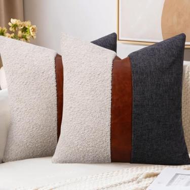 Imagem de Adabana Capas de almofada decorativas modernas fofas 45,7 x 45,7 cm, conjunto de 2 fronhas de couro sintético para cama, sofá, sala de estar, quarto, cinza e creme