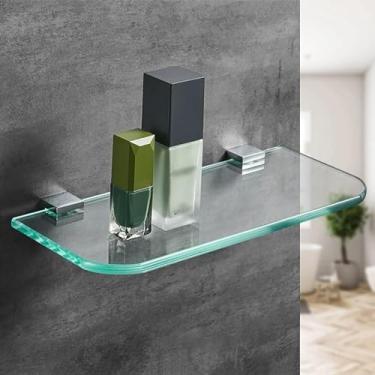 Imagem de ZDJZMGZ Prateleira de armazenamento de vidro de aço inoxidável para banheiro, prateleiras flutuantes, prateleira decorativa de vidro temperado montada na parede, para banheiros e quartos, superfície
