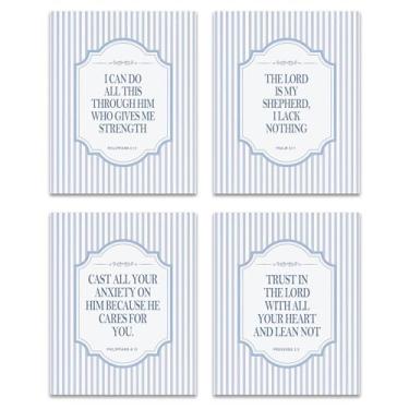 Imagem de GTYNU Conjunto de 4 pôsteres de arte de parede cristã azul e branco, impressões modernas de versículo da Bíblia, decoração de parede minimalista, escritura de Jesus para sala de oração, pôsteres