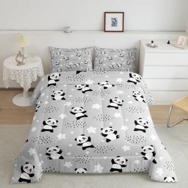 Imagem de Homewish Conjunto de edredom fofo tamanho king, decoração de animais kawaii, todas as estações, edredom para adolescentes, preto, branco, cinza, conjunto de colcha para meninas, 3 peças