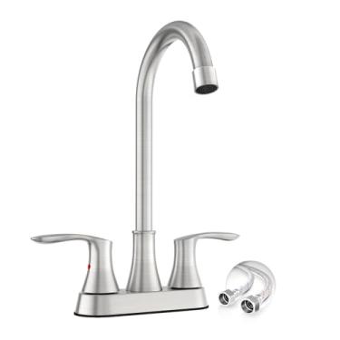 Imagem de Phiestina Torneira de pia de bar Conjunto central de 10 cm, torneiras de barra de níquel escovado de 2 furos para pia, torneira de pia de preparação, torneira de pia de cozinha utilitária comercial