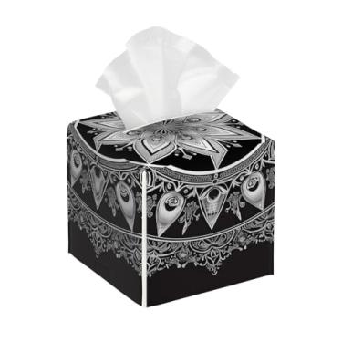 Imagem de Suporte quadrado de couro para caixa de lenços de papel, impermeável, mandala, flor, preto, organizador de papel facial com cinto inferior, estojo de lenços para mesa, banheiro, escritório, mesa