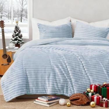 Imagem de Geniospin Jogo de cama queen de lã, ultramacio, azul claro, conjunto de edredom reversível de 3 peças para todas as estações, quente e aconchegante (azul claro, 224 x 231 cm)