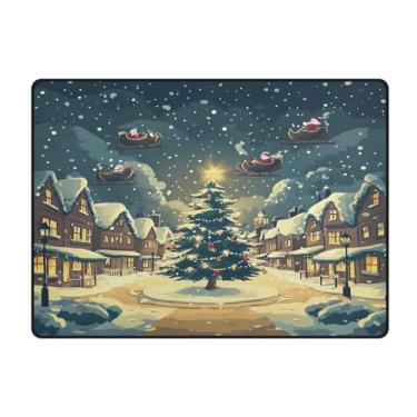 Imagem de Blueangle Tapetes de Natal laváveis de 10 x 13 cm para sala de estar - Tapete ultramacio antiderrapante resistente a manchas com desenho animado de cidade na neve, decoração de férias para quarto e