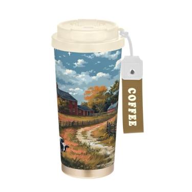 Imagem de Blueangle Caneca de café de viagem isolada Farm Scene with Cows - Copo de aço inoxidável à prova de derramamento e vazamento para acampamento e ar livre, garrafa de água reutilizável de 500 ml com