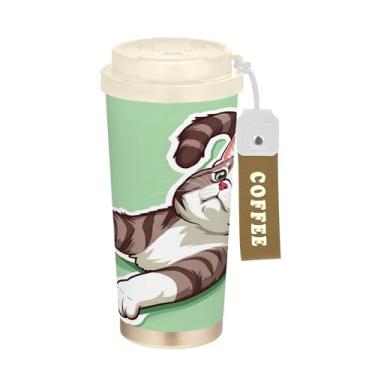 Imagem de SEHANY Caneca de viagem de gato gatinho fofo de 482 g xícaras de café reutilizáveis revestidas de cerâmica com tampa à prova de vazamento, parede dupla, isolamento a vácuo, copo de café de aço