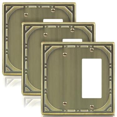 Imagem de Combinação de metal para interruptores de luz, placa de parede, 1 placa decorativa, em branco, 1 placa decorativa, latão antigo, placa de parede de 2 grupos - estilo retrô clássico, pacote com 3