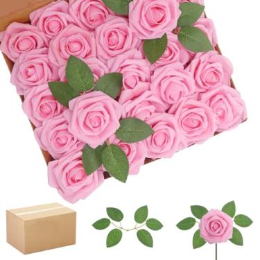 Imagem de WANTMAZOR Flores artificiais, rosas de aparência real, rosas falsas com folhas e para buquês de casamento, decoração de festa para chá de panela (rosa escuro, 200)