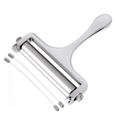 Imagem de YUYOND Cortador de queijo de aço inoxidável resistente, espessura ajustável com 2 fios extras de substituição, cortador de queijo portátil para queijo macio e duro, manteiga, bolo (prata)